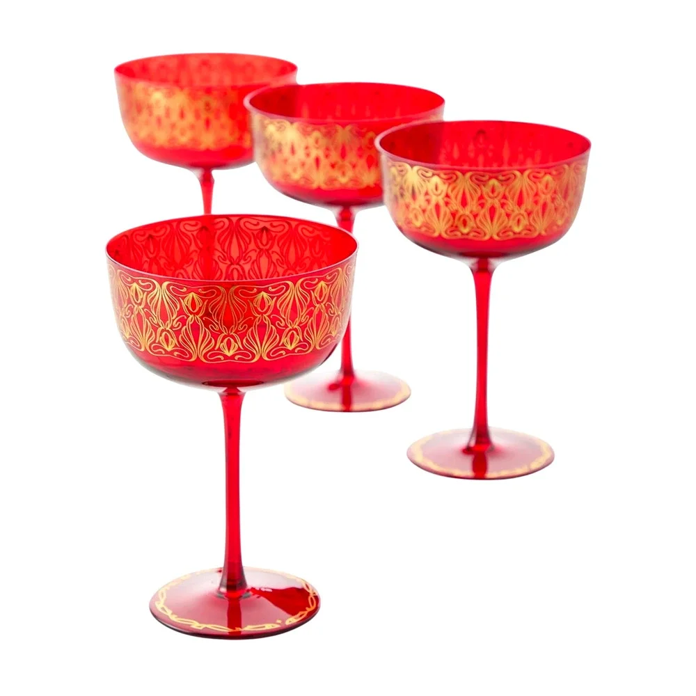 NEIMAN MARCUS Holiday Coupe Glass Set of 4 Red and Gold 6 oz in Gift Box New